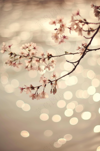 桃花湖面波光粼粼春天摄影图