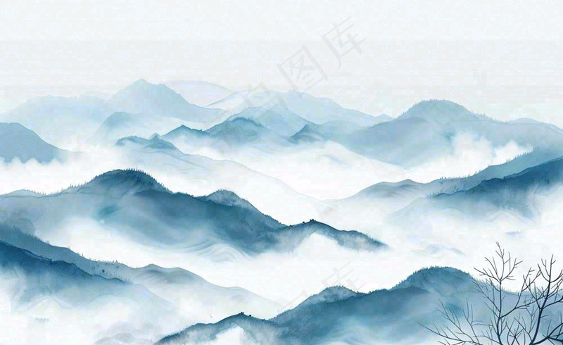 中国风水墨山水画青山山峦叠嶂云雾清明端午寒露古风插画背景(1408x864)