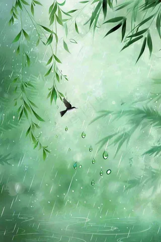 绿色简约小清新柳树雨天燕子雨水谷雨插画背景