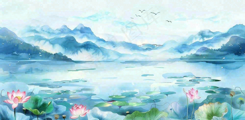 夏天水墨画山水荷花莲花蓝色插画立夏夏至大暑背景(1568x768)