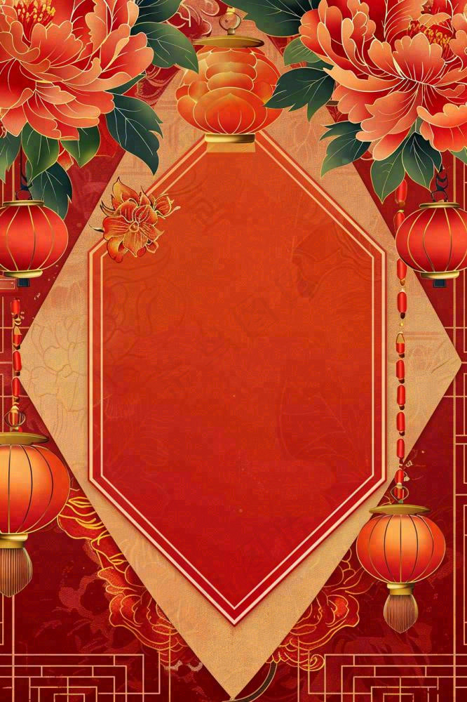 新春新年牡丹花灯笼红色边框剪贴画插画背景