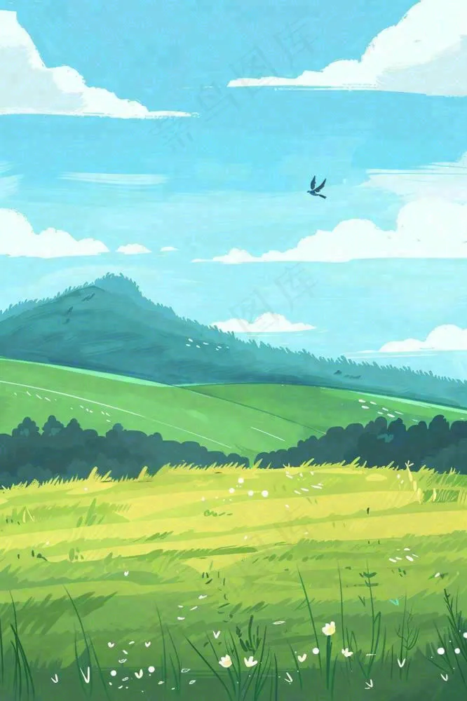 春天春暖花开草原蓝天白云燕子惊蛰春分卡通插画背景(896x1344)
