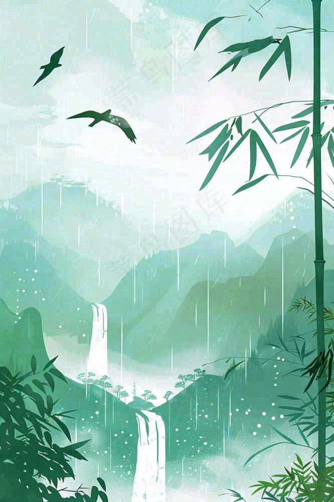 国风山水竹林磅礴山河瀑布大雁雨滴清明端午水墨插画背景(896x1344)