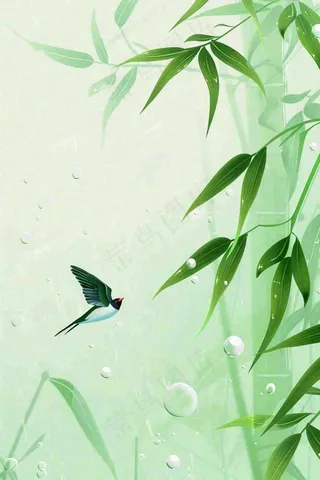 春夏绿竹竹叶燕子清雅小清新清明端午插画背景