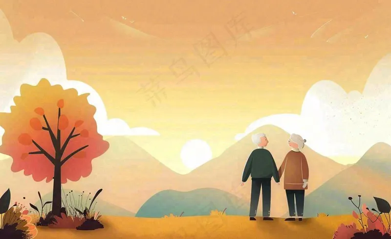 重阳节秋天黄昏老人户外游玩背影插画背景(1408x864)