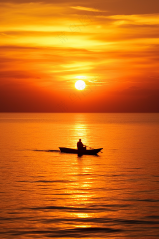 夕阳落日下的海洋湖面小船余晖倒影摄影图