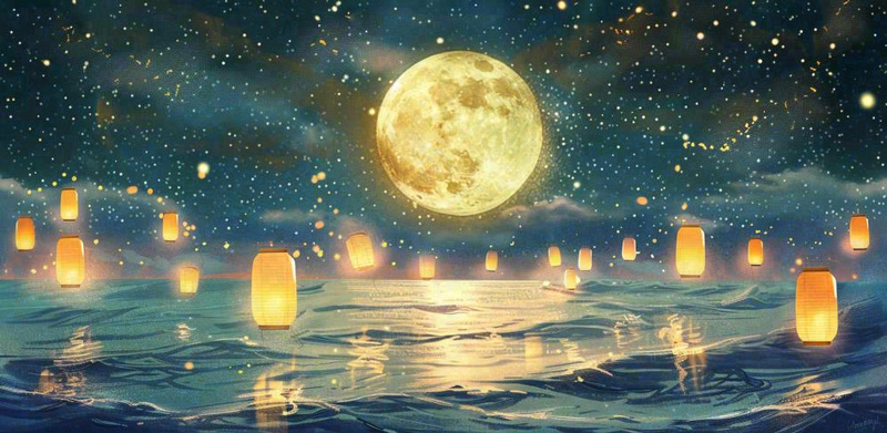 月亮中秋节河灯中元节风景唯美插画背景