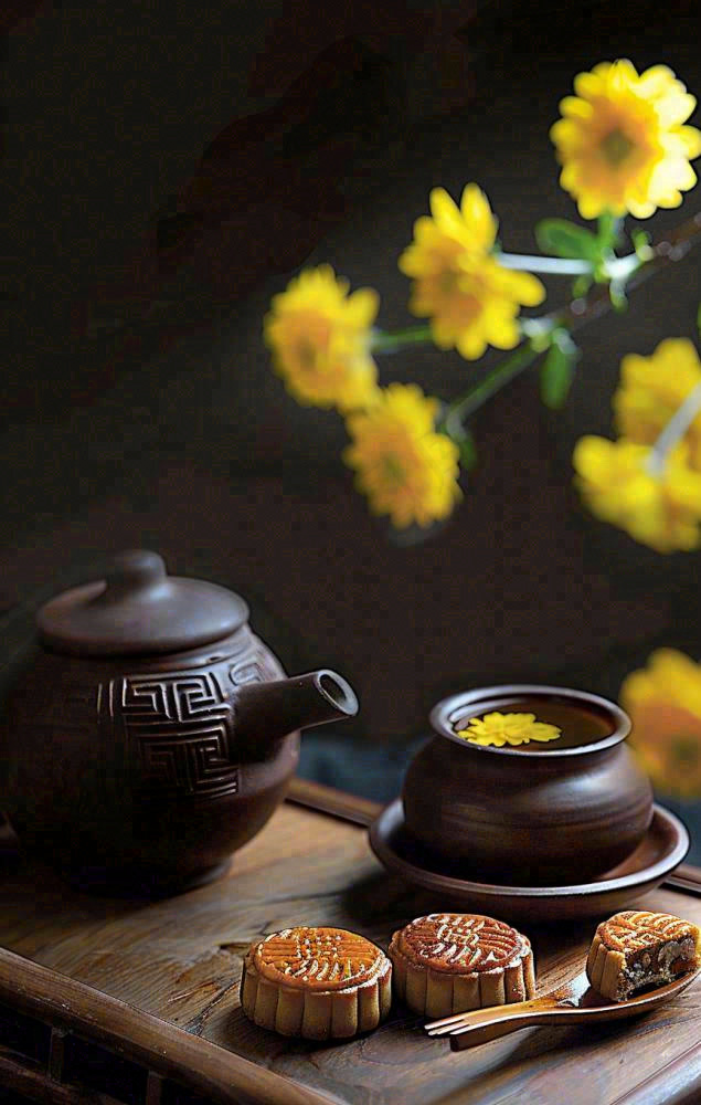 中秋月饼传统糕点美食圆月黄花摆盘精美摄影图(864x1360)