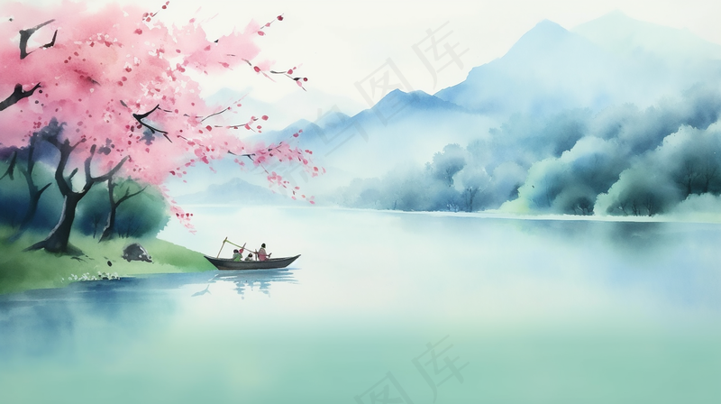 春天山水画水墨画湖边桃花树盛开江南古风插画背景(4368x2448)
