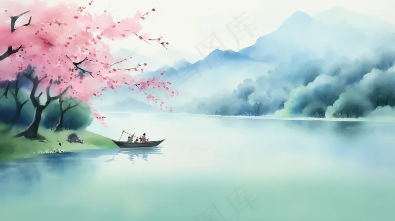 春天山水画水墨画湖边桃花树盛开江南古风插画背景(4368x2448)