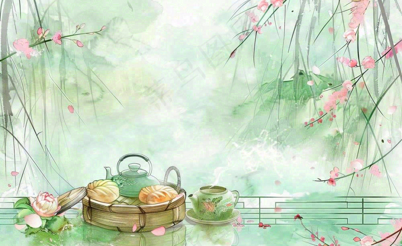 春天桃花春茶茶壶燕子清明山水国画中国风水墨插画背景茶文化采茶(1408x864)