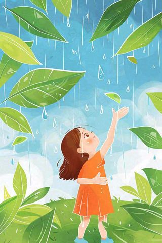 下雨天巨大绿植下的女孩躲雨玩耍雨水谷雨春天卡通插画背景