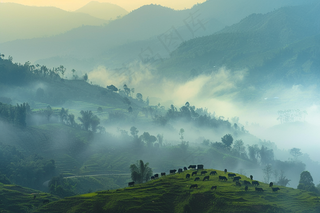 清晨日出朝霞云层山川摄影图