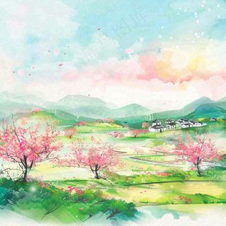 春天春分春暖花开江南山林桃花国画徽式建筑古风水墨插画背景