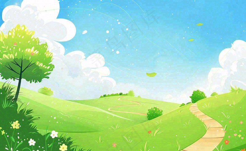 春日风景草地蓝天白云背景立春春分节气绿色卡通插画背景(1408x864)