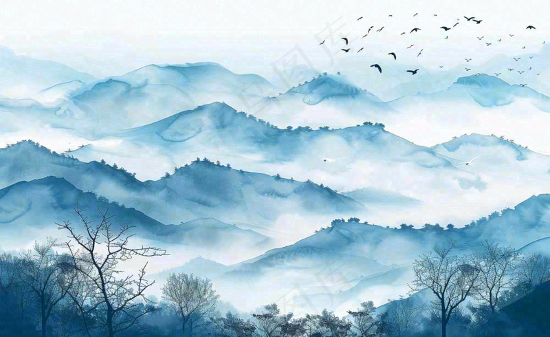 中国风水墨山水画青山山峦叠嶂云雾清明端午寒露古风插画背景(1408x864)