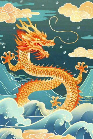 国潮风龙山水祥云龙抬头插画背景