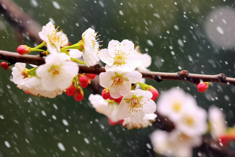冬季大雪梅花开放桃花海棠花摄影图(4032x2688)