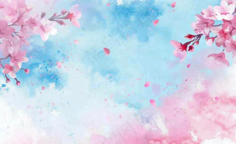 春季出游浪漫水彩樱花蓝粉色樱花林立春春分插画背景(1408x864)