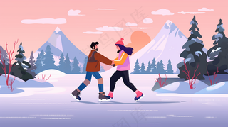 冬季雪山湖面溜冰滑冰的情侣夕阳余晖卡通插画背景