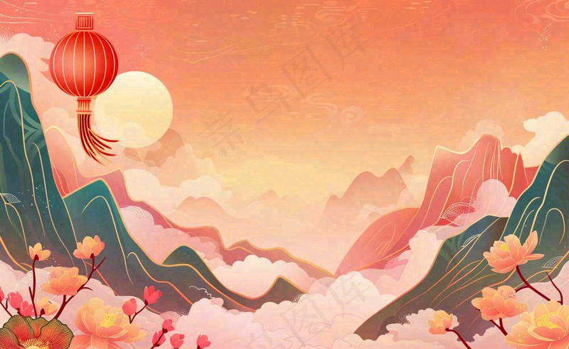 国潮风中秋重阳国庆祖国山河插画喜庆庆祝山水画背景(1408x864)