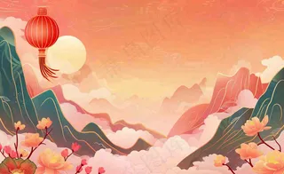 国潮风中秋重阳国庆祖国山河插画喜庆庆祝山水画背景