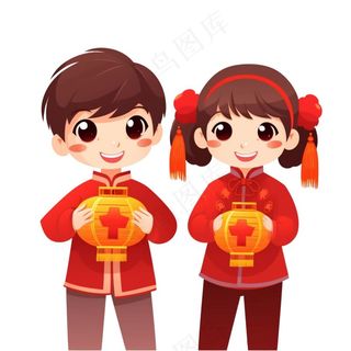新年儿童拜年张灯结彩国潮春节红色手绘卡通插画免抠