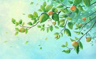 春夏绿色树枝绿叶清新绿意立夏插画背景