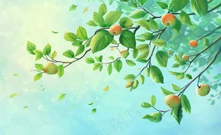 春夏绿色树枝绿叶清新绿意立夏插画背景