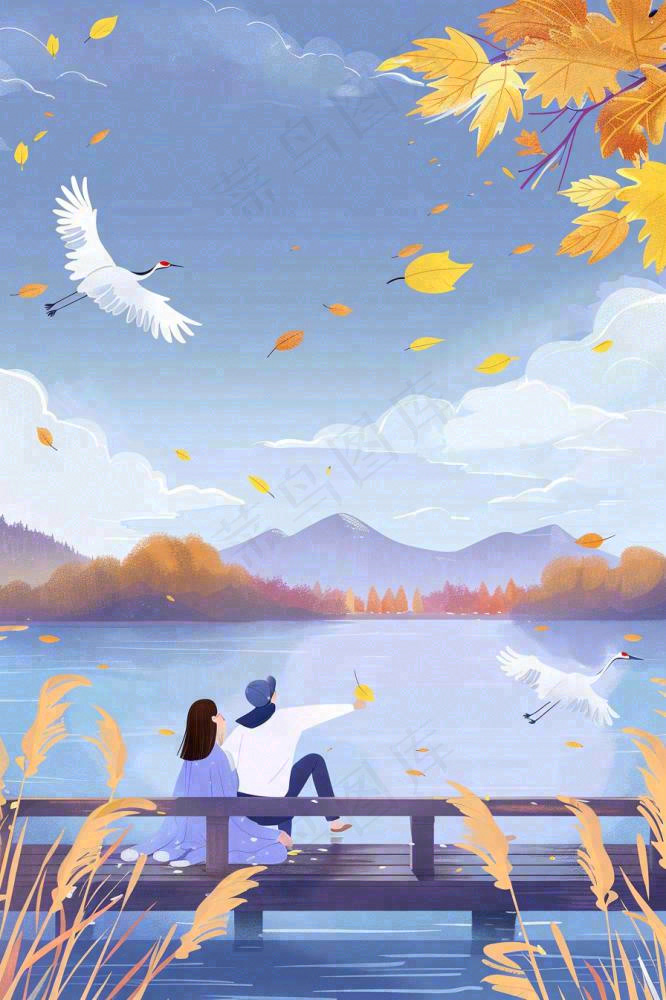 秋天情侣坐着湖边栈道看风景白鹭白露处暑寒露插画背景(896x1344)