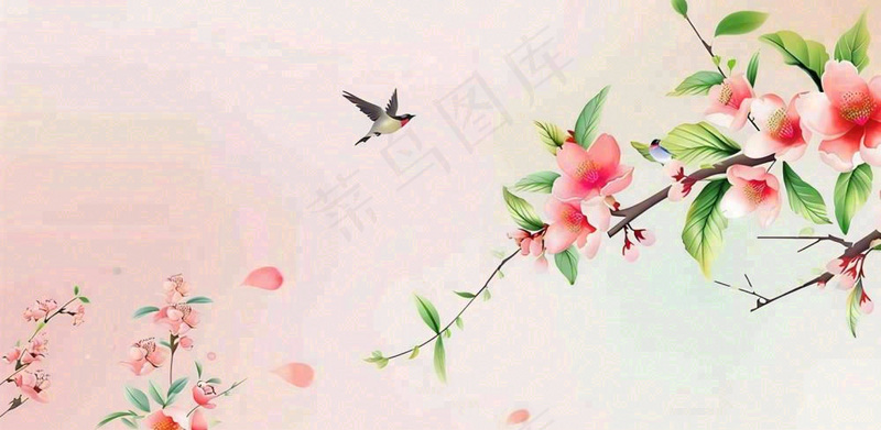 手绘中国风古风春天桃花燕子插画海报背景(1568x768)