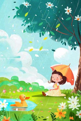 春天户外雨天打雨伞的小女孩坐着地上嬉水春游踏青唯美惊蛰雨水谷雨卡通插画背景