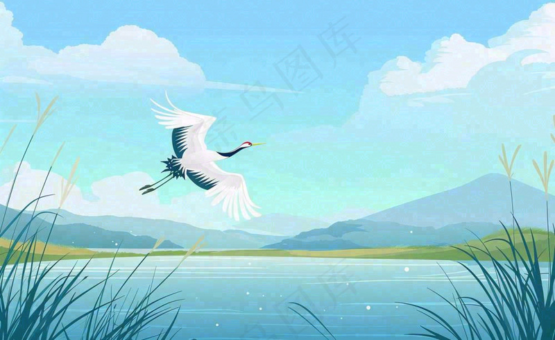 白露芦苇山水飞鹤插画蓝色唯美卡通插画背景(1408x864)