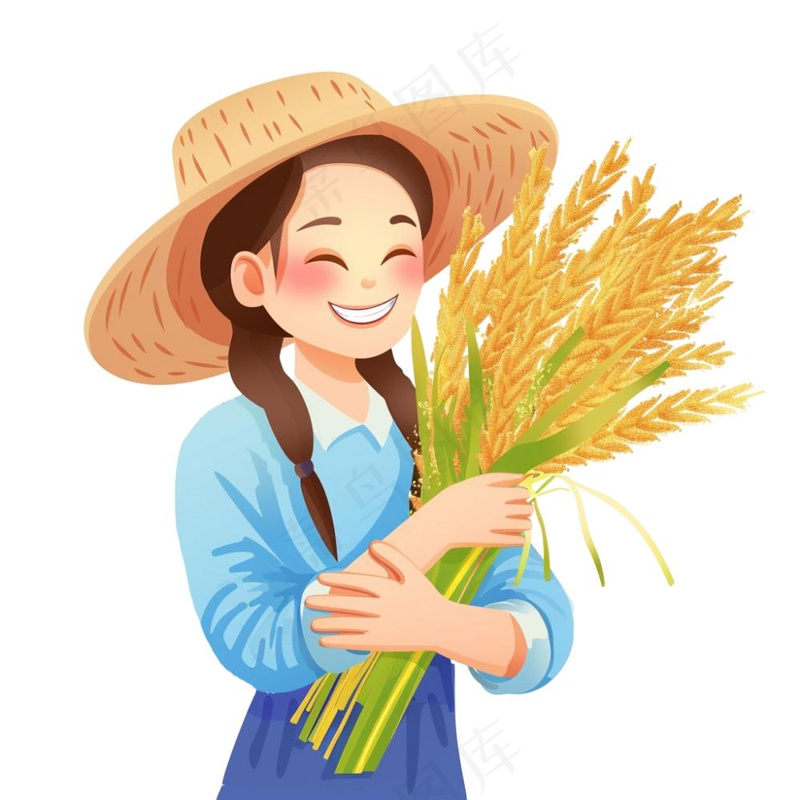 抱着稻穗麦穗的女孩农民卡通插画免抠(1024x1024)