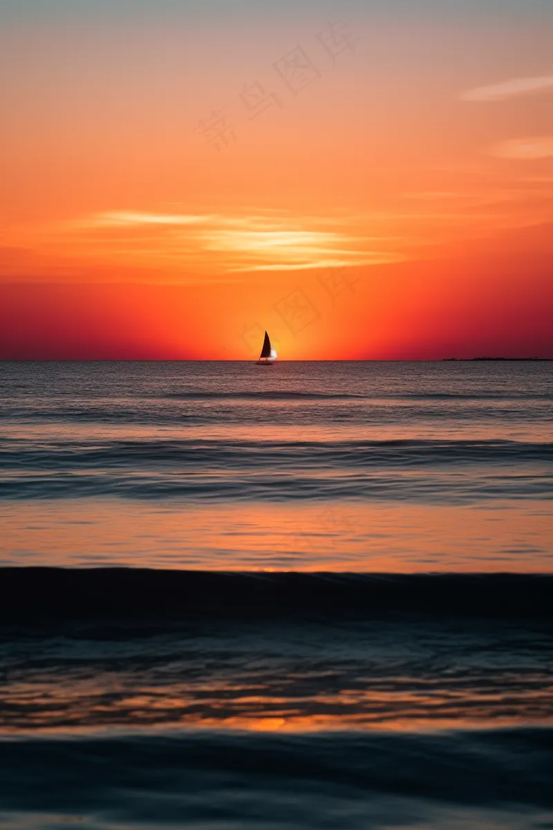 夕阳落日下海洋海面帆船余晖倒影美景摄影图(2688x4032)