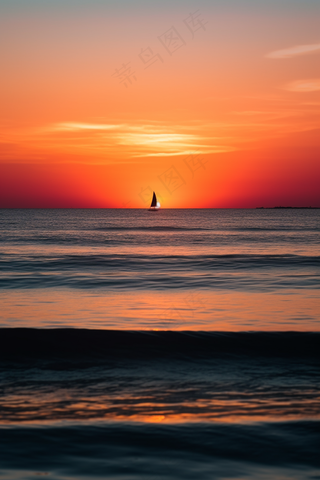 夕阳落日下海洋海面帆船余晖倒影美景摄影图