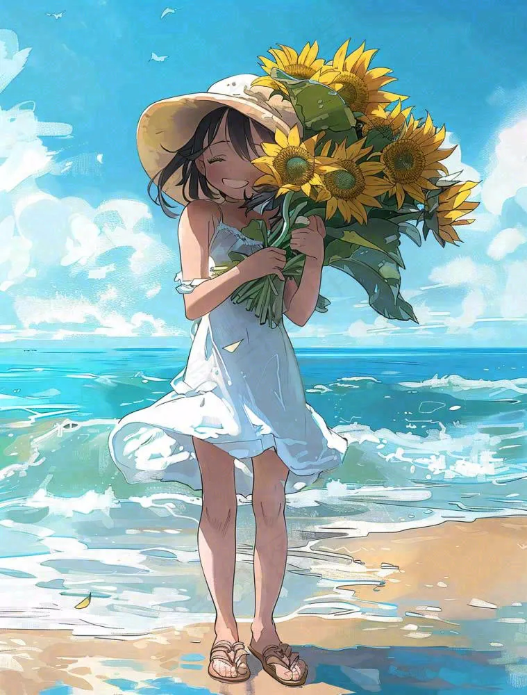 夏日海边女孩抱着一大束向日葵花束旅游游玩立夏夏至卡通插画背景(960x1264)