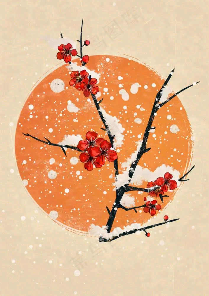 冬天梅花红圆形背景纸张纹理古风国风节日小年插画背景(928x1312)
