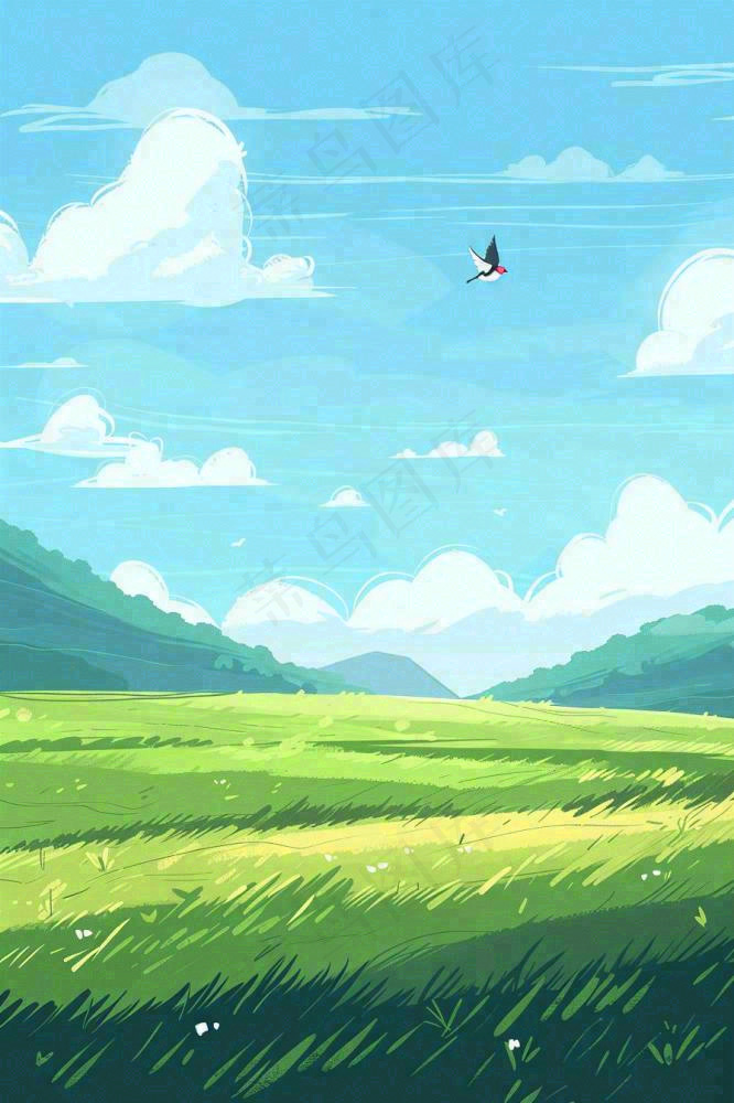 春天春暖花开草原蓝天白云燕子惊蛰春分卡通插画背景(896x1344)