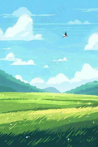 春天春暖花开草原蓝天白云燕子惊蛰春分卡通插画背景