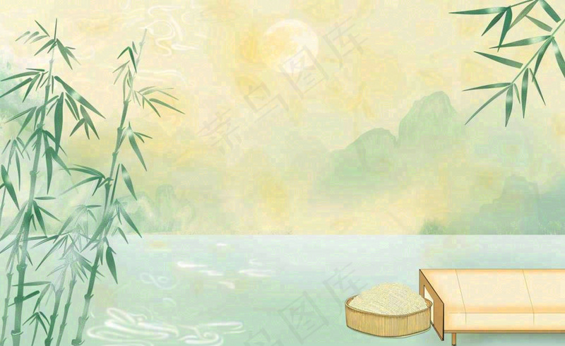 中国风古风山水画泛舟山竹青山清明端午时节清雅国画水墨画插画背景