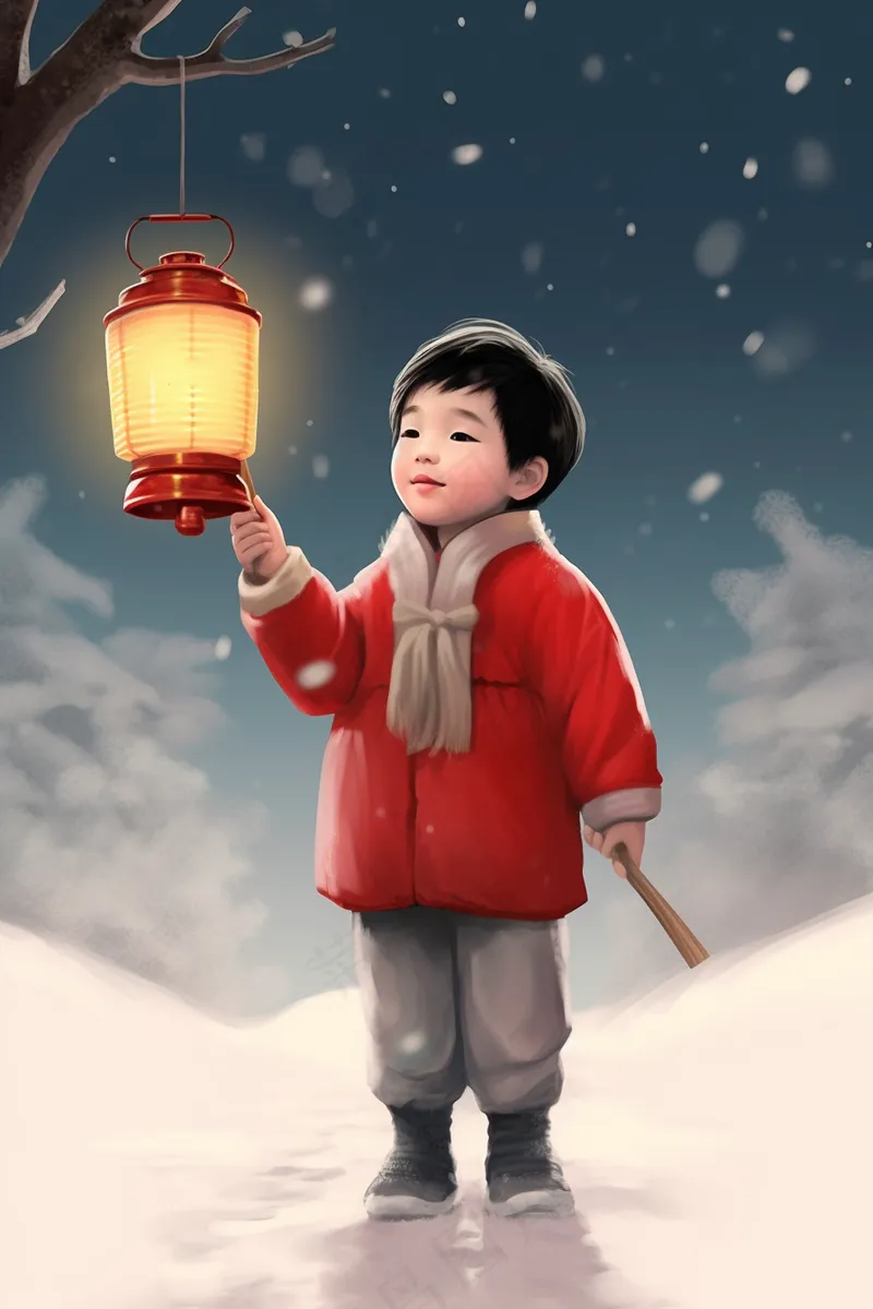 冬天白雪地打着灯笼得中国小孩卡通插画背景(2688x4032)