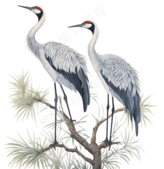一对仙鹤站在松树上古风插画免抠