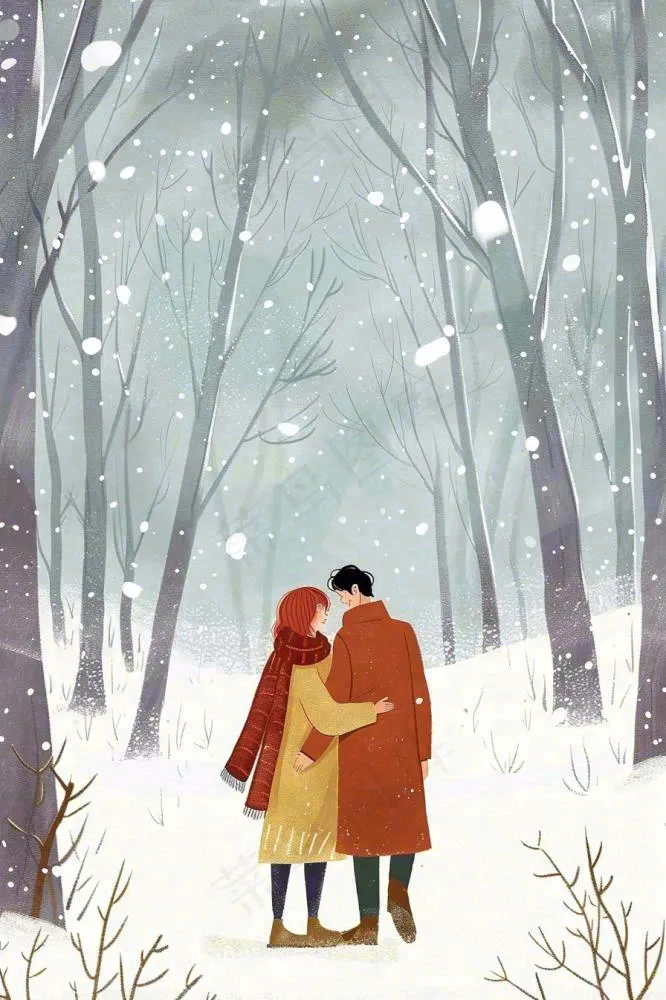 冬天森林里的情侣相拥赏雪白桦树白雪立冬小雪冬至卡通插画背景(896x1344)