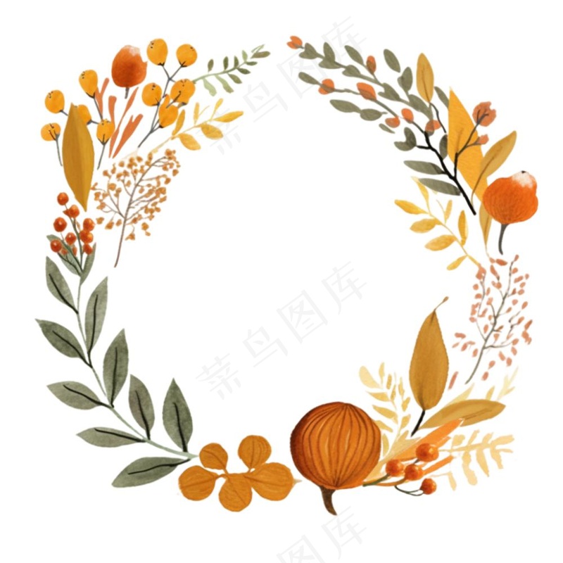 枫叶落叶树叶简约秋天圆形边框水彩画插画免抠