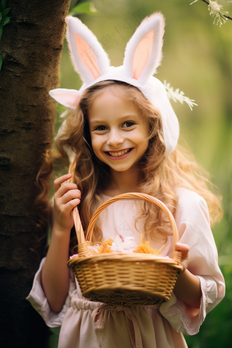 森林抱着竹篮果篮的女孩美丽少女摄影图