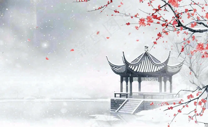 冬天雪景梅花水中凉亭雪花飘落冬至立冬古风小雪大雪手绘水墨国画插画背景(1408x864)