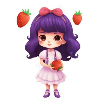 少女拿着草莓紫色衣裙美丽可爱人物卡通插画免抠