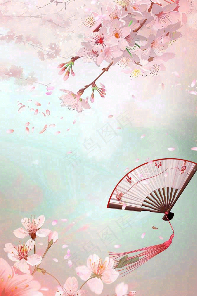 绿色清新春天唯美樱花扇子水彩插画背景(896x1344)