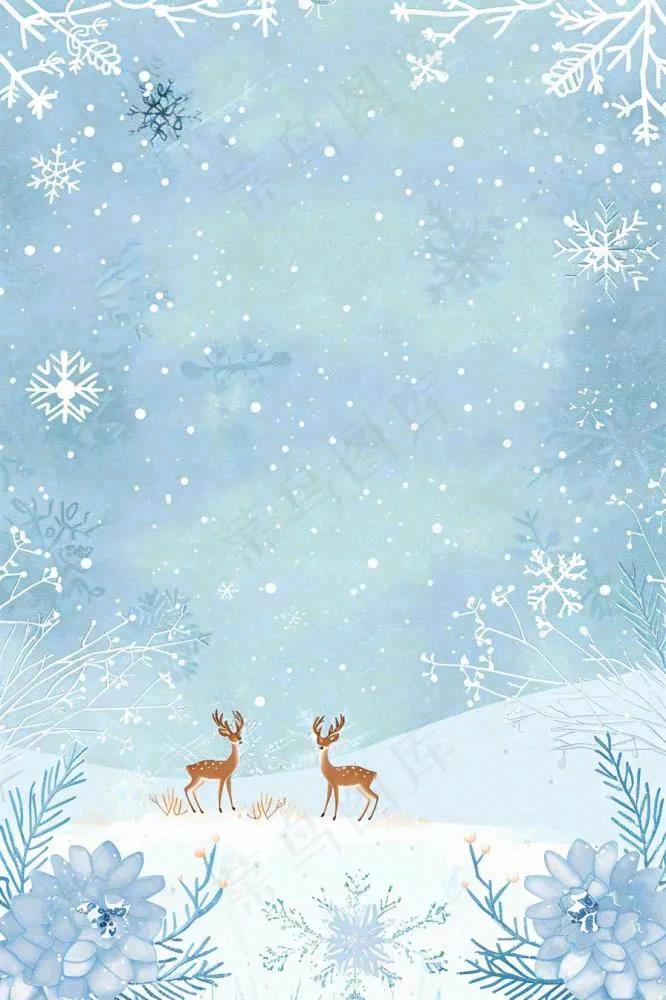 冬天白雪雪花世界麋鹿寒冷立冬冬至大雪小雪圣诞插画背景(896x1344)
